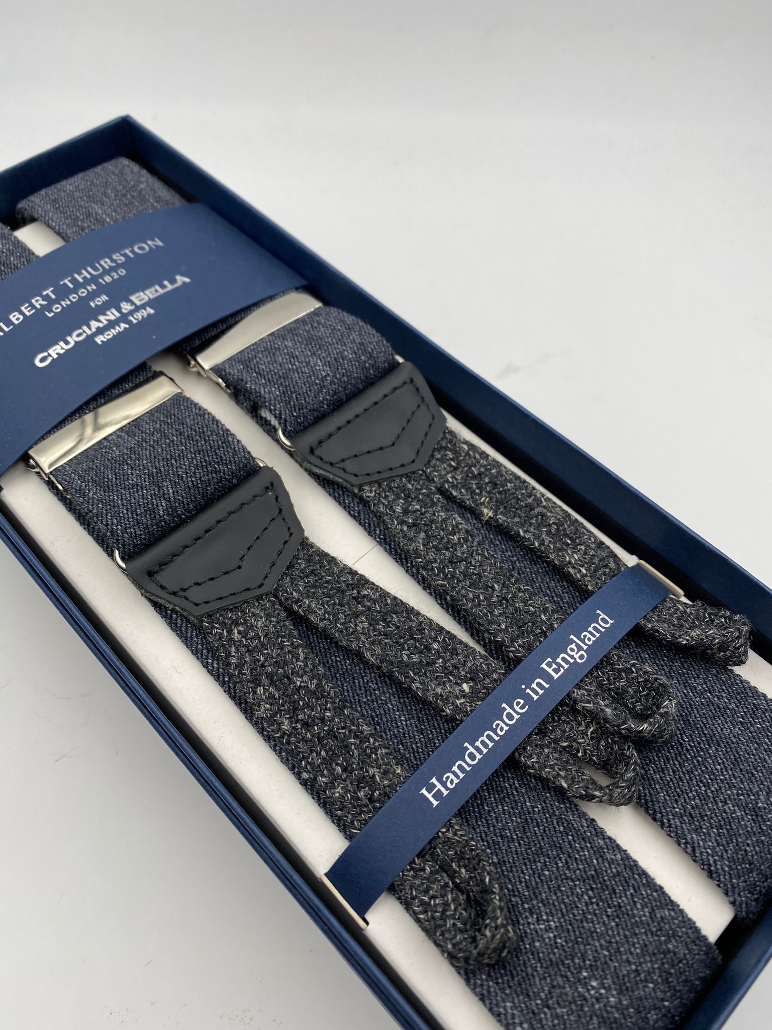 Albert Thurston for Cruciani & Bella Made in England Adjustable Sizing 35 mm elastic braces Dark Grey Melange Plain Braid ends Y-Shaped Nickel Fittings Size: L #4958