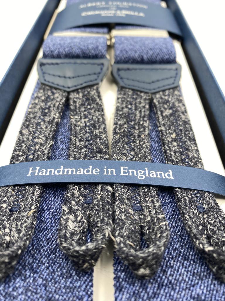 Albert Thurston for Cruciani & Bella Made in England Adjustable Sizing 35 mm elastic braces Blue Jeans Plain Braid ends Y-Shaped Nickel Fittings Size: L #4960