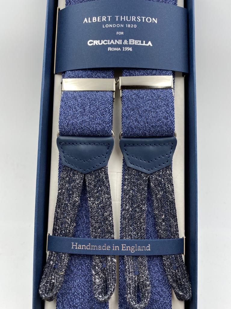 Albert Thurston for Cruciani & Bella Made in England Adjustable Sizing 35 mm elastic braces Blue Jeans Plain Braid ends Y-Shaped Nickel Fittings Size: L #4960