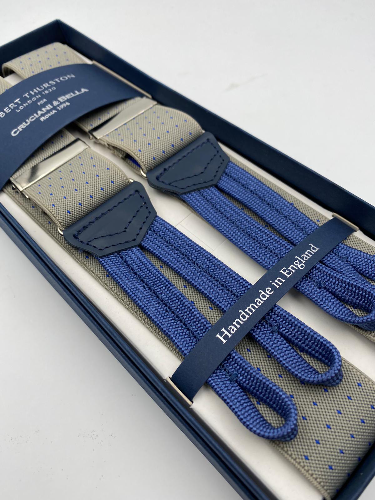 Albert Thurston for Cruciani & Bella Made in England Adjustable Sizing 35 mm elastic braces Light Beige and Blue Dot Braid ends Y-Shaped Nickel Fittings Size: L #4952