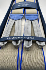 Albert Thurston for Cruciani & Bella Made in England Adjustable Sizing 35 mm elastic braces Light Beige and Blue  Braid ends Y-Shaped Nickel Fittings Size: L #4956