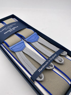 Albert Thurston for Cruciani & Bella Made in England Adjustable Sizing 35 mm elastic braces Light Beige and Blue  Braid ends Y-Shaped Nickel Fittings Size: L