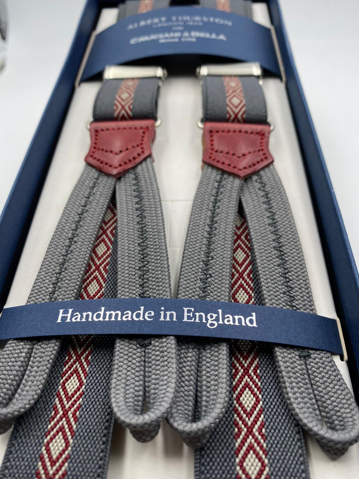 Albert Thurston for Cruciani & Bella Made in England Adjustable Sizing 25 mm elastic braces Grey and Red Motif Braid ends Y-Shaped Nickel Fittings Size: L #4900