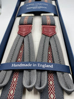Albert Thurston for Cruciani & Bella Made in England Adjustable Sizing 25 mm elastic braces Grey and Red Motif Braid ends Y-Shaped Nickel Fittings Size: L #4900