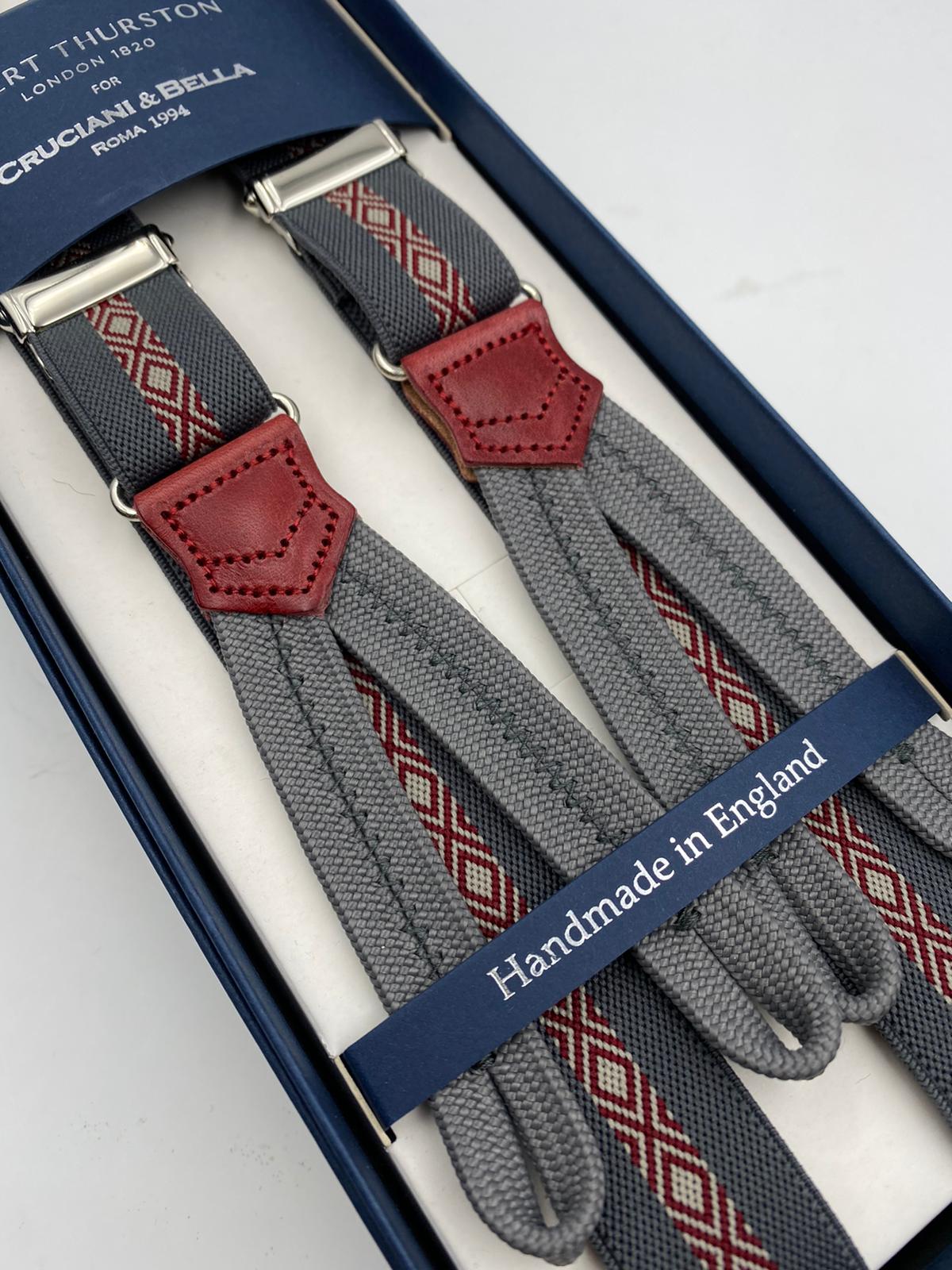 Albert Thurston for Cruciani & Bella Made in England Adjustable Sizing 25 mm elastic braces Grey and Red Motif Braid ends Y-Shaped Nickel Fittings Size: L #4900
