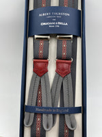 Albert Thurston for Cruciani & Bella Made in England Adjustable Sizing 25 mm elastic braces Grey and Red Motif Braid ends Y-Shaped Nickel Fittings Size: L #4900