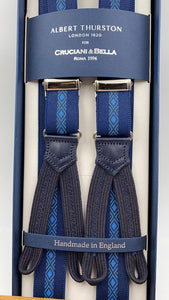 Albert Thurston for Cruciani & Bella Made in England Adjustable Sizing 25 mm elastic braces Dark Blue and Light Blue Motif Braid ends Y-Shaped Nickel Fittings Size: L #4901