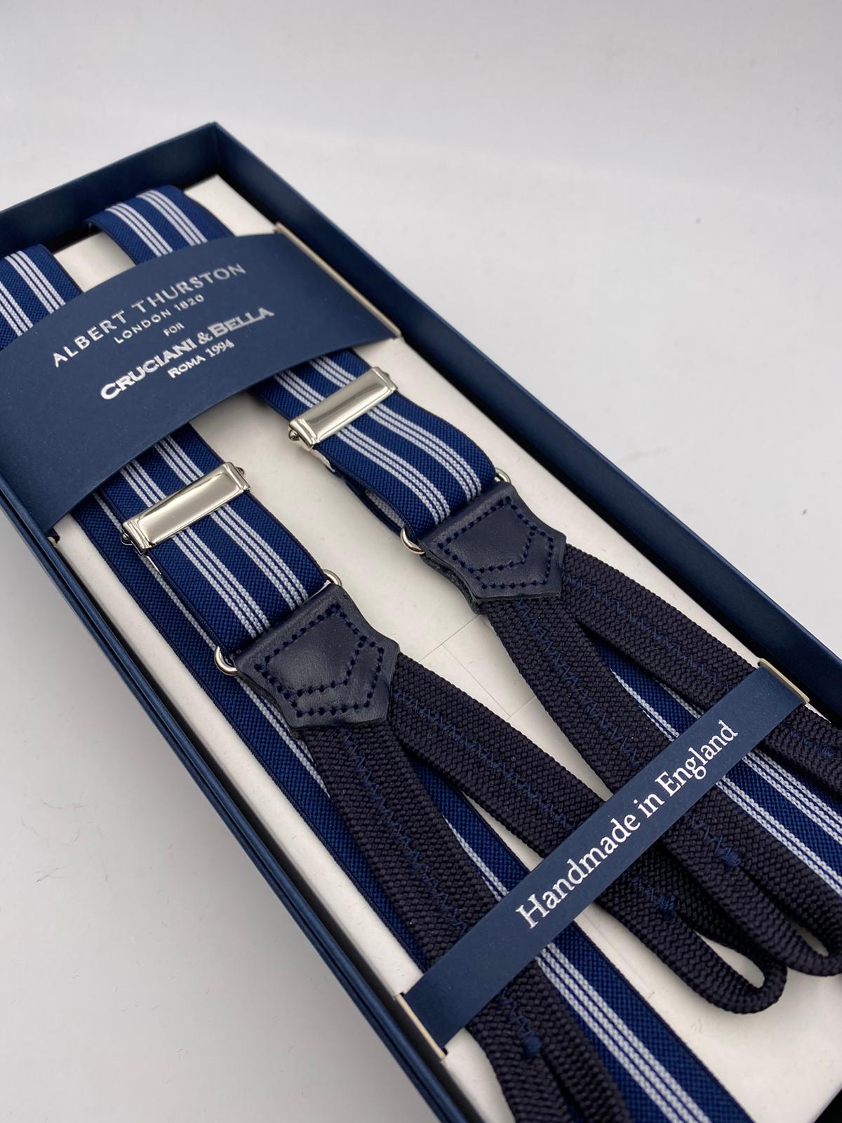 Albert Thurston for Cruciani & Bella Made in England Adjustable Sizing 25 mm elastic braces Blue and White Stripes Braid ends Y-Shaped Nickel Fittings Size: L #4895