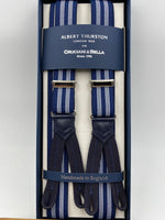 Albert Thurston for Cruciani & Bella Made in England Adjustable Sizing 25 mm elastic braces Blue and White Stripes Braid ends Y-Shaped Nickel Fittings Size: L #4895