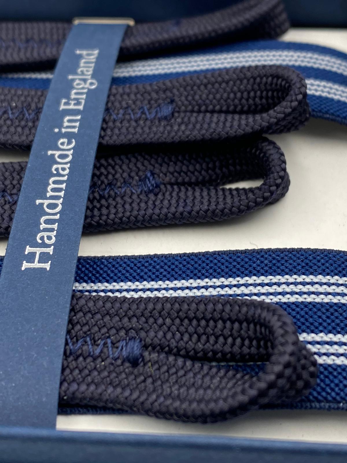 Albert Thurston for Cruciani & Bella Made in England Adjustable Sizing 25 mm elastic braces Blue and White Stripes Braid ends Y-Shaped Nickel Fittings Size: L #4895