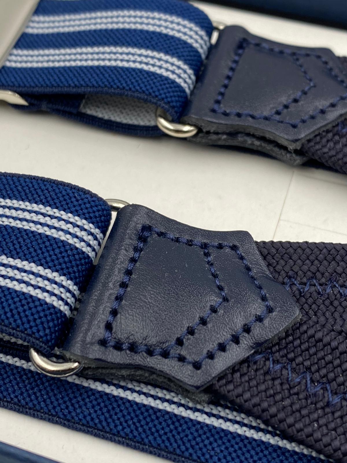 Albert Thurston for Cruciani & Bella Made in England Adjustable Sizing 25 mm elastic braces Blue and White Stripes Braid ends Y-Shaped Nickel Fittings Size: L #4895