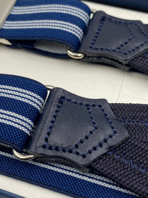 Albert Thurston for Cruciani & Bella Made in England Adjustable Sizing 25 mm elastic braces Blue and White Stripes Braid ends Y-Shaped Nickel Fittings Size: L #4895