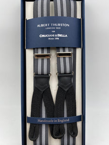 Albert Thurston for Cruciani & Bella Made in England Adjustable Sizing 25 mm elastic bracesGrey and White Stripes Braid ends Y-Shaped Nickel Fittings Size: L #4896