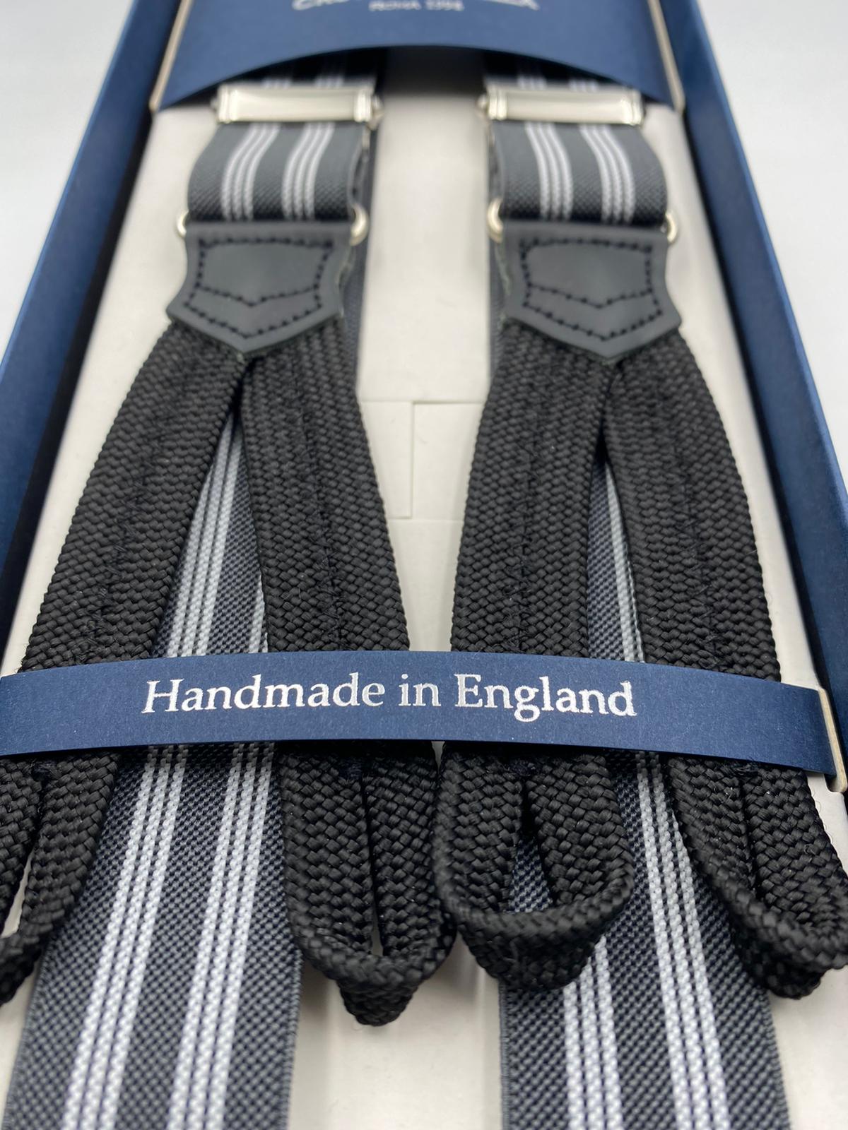 Albert Thurston for Cruciani & Bella Made in England Adjustable Sizing 25 mm elastic bracesGrey and White Stripes Braid ends Y-Shaped Nickel Fittings Size: L #4896