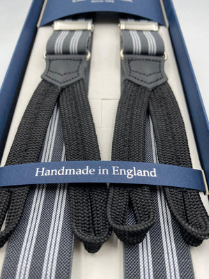 Albert Thurston for Cruciani & Bella Made in England Adjustable Sizing 25 mm elastic bracesGrey and White Stripes Braid ends Y-Shaped Nickel Fittings Size: L #4896