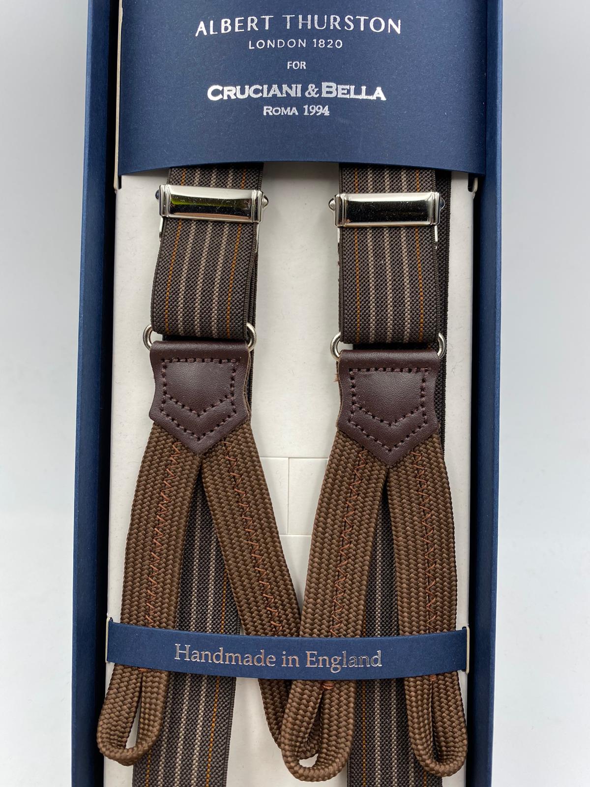 Albert Thurston for Cruciani & Bella Made in England Adjustable Sizing 25 mm elastic braces Brown Stripes Braid ends Y-Shaped Nickel Fittings Size: L #4892 
