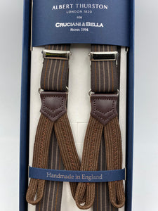 Albert Thurston for Cruciani & Bella Made in England Adjustable Sizing 25 mm elastic braces Brown Stripes Braid ends Y-Shaped Nickel Fittings Size: L #4892 