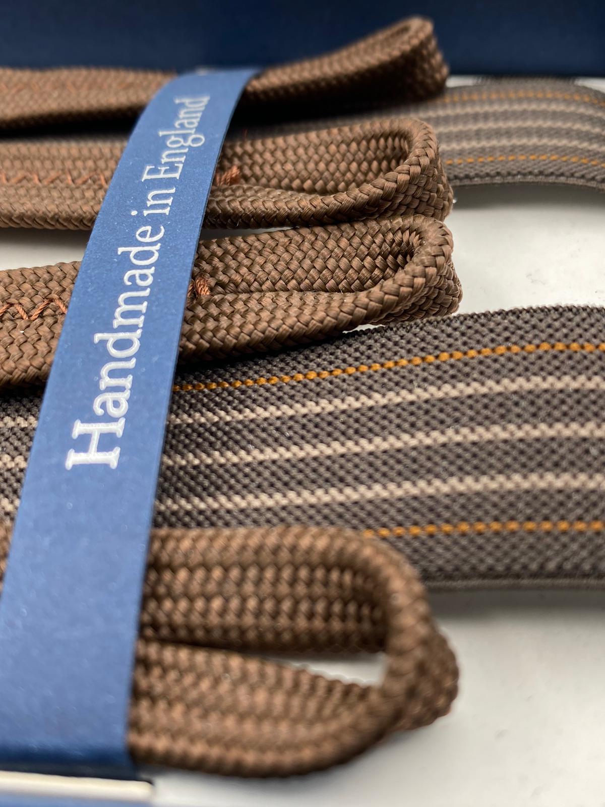 Albert Thurston for Cruciani & Bella Made in England Adjustable Sizing 25 mm elastic braces Brown Stripes Braid ends Y-Shaped Nickel Fittings Size: L #4892 