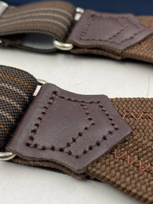Albert Thurston for Cruciani & Bella Made in England Adjustable Sizing 25 mm elastic braces Brown Stripes Braid ends Y-Shaped Nickel Fittings Size: L #4892 