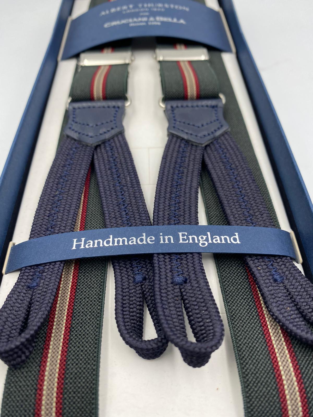 Albert Thurston for Cruciani & Bella Made in England Adjustable Sizing 25 mm elastic braces Dark Green and Red  Stripes Braid ends Y-Shaped Nickel Fittings Size: L #4891