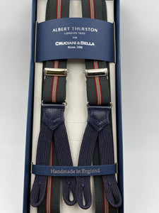Albert Thurston for Cruciani & Bella Made in England Adjustable Sizing 25 mm elastic braces Dark Green and Red  Stripes Braid ends Y-Shaped Nickel Fittings Size: L #4891