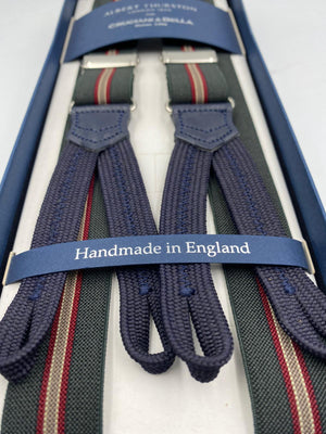 Albert Thurston for Cruciani & Bella Made in England Adjustable Sizing 25 mm elastic braces Dark Green and Red  Stripes Braid ends Y-Shaped Nickel Fittings Size: L #4891