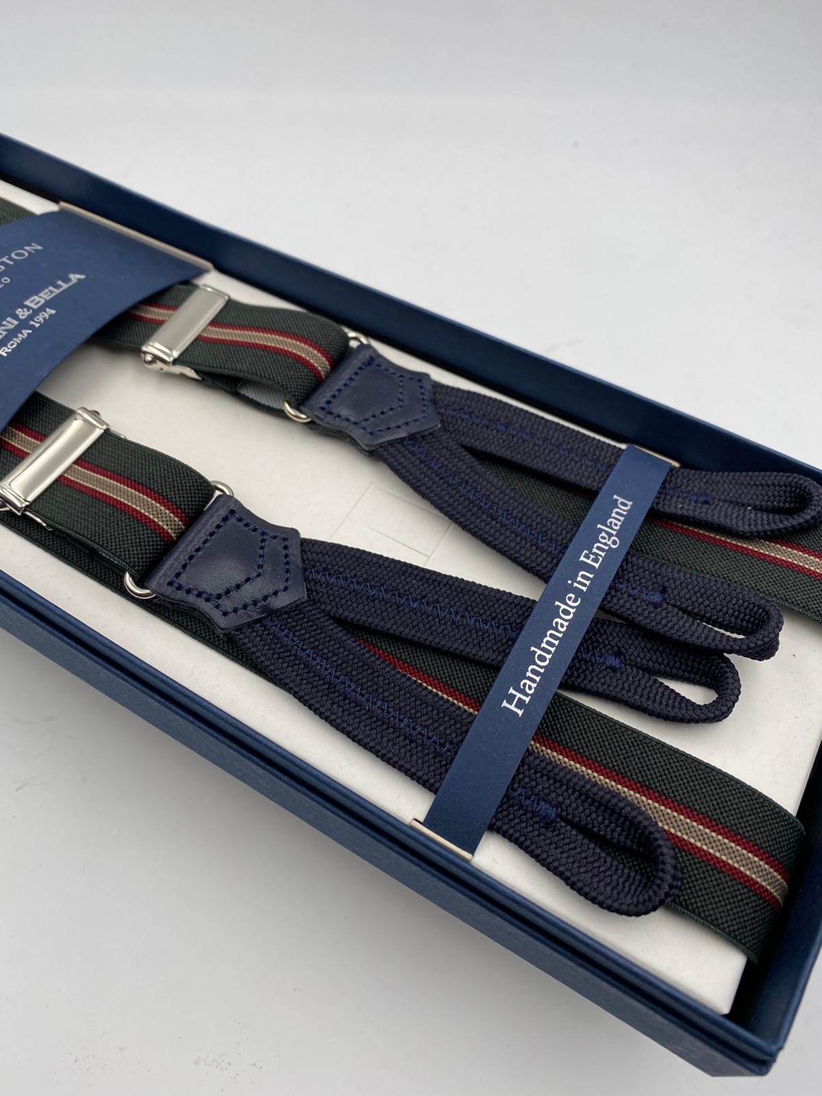 Albert Thurston for Cruciani & Bella Made in England Adjustable Sizing 25 mm elastic braces Dark Green and Red  Stripes Braid ends Y-Shaped Nickel Fittings Size: L #4891