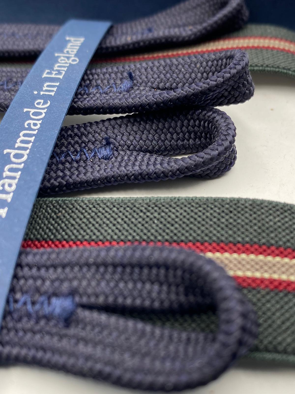 Albert Thurston for Cruciani & Bella Made in England Adjustable Sizing 25 mm elastic braces Dark Green and Red  Stripes Braid ends Y-Shaped Nickel Fittings Size: L #4891