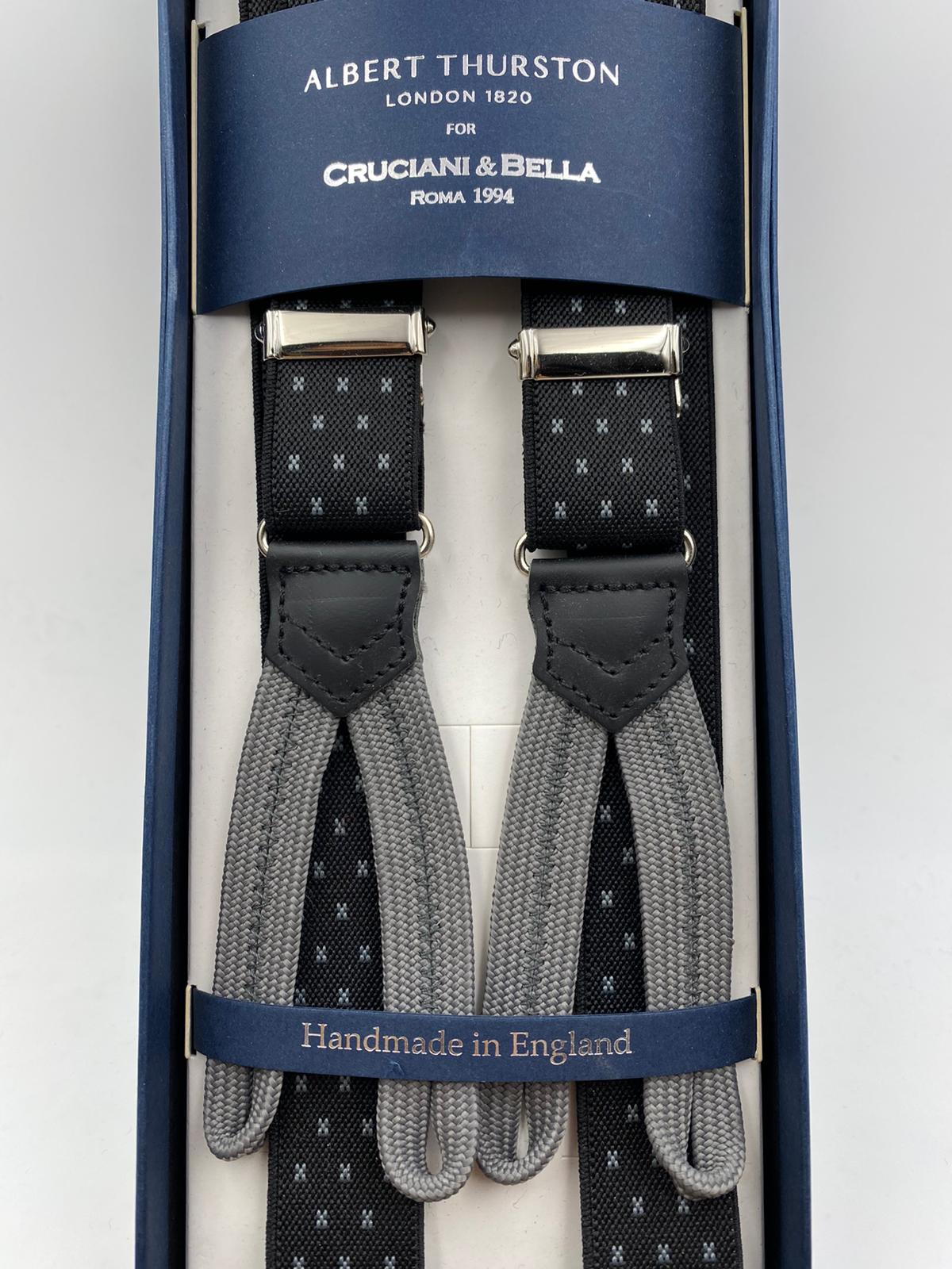 Albert Thurston for Cruciani & Bella Made in England Adjustable Sizing 25 mm elastic braces Black and Grey Motif Braid ends Y-Shaped Nickel Fittings Size: L #4266