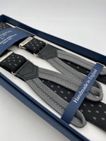 Albert Thurston for Cruciani & Bella Made in England Adjustable Sizing 25 mm elastic braces Black and Grey Motif Braid ends Y-Shaped Nickel Fittings Size: L #4266
