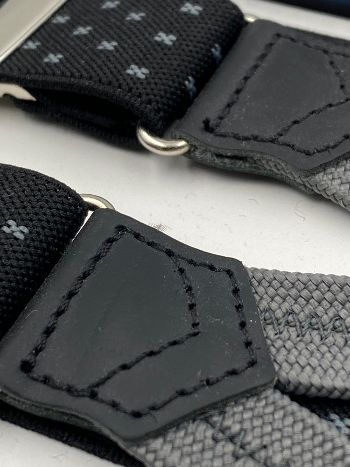 Albert Thurston for Cruciani & Bella Made in England Adjustable Sizing 25 mm elastic braces Black and Grey Motif Braid ends Y-Shaped Nickel Fittings Size: L #4266