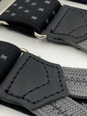 Albert Thurston for Cruciani & Bella Made in England Adjustable Sizing 25 mm elastic braces Black and Grey Motif Braid ends Y-Shaped Nickel Fittings Size: L #4266