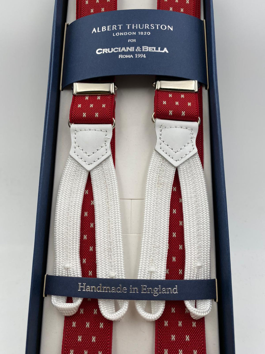 Albert Thurston for Cruciani & Bella Made in England Adjustable Sizing 25 mm elastic braces Light Red and White Motif Braid ends Y-Shaped Nickel Fittings Size: L #3012