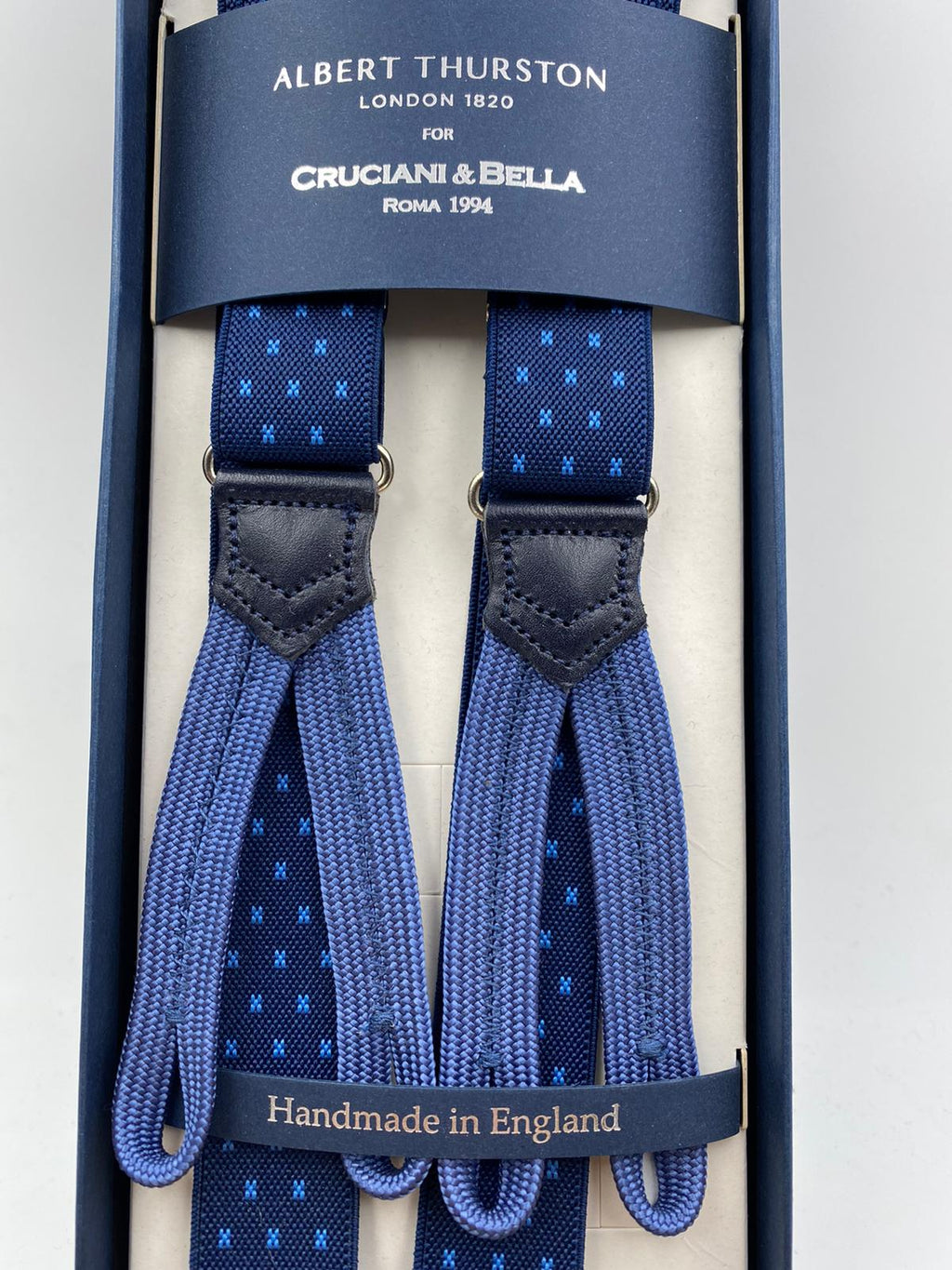 Albert Thurston for Cruciani & Bella Made in England Adjustable Sizing 25 mm elastic braces Navy Blue Motif Braid ends Y-Shaped Nickel Fittings Size: L #4893