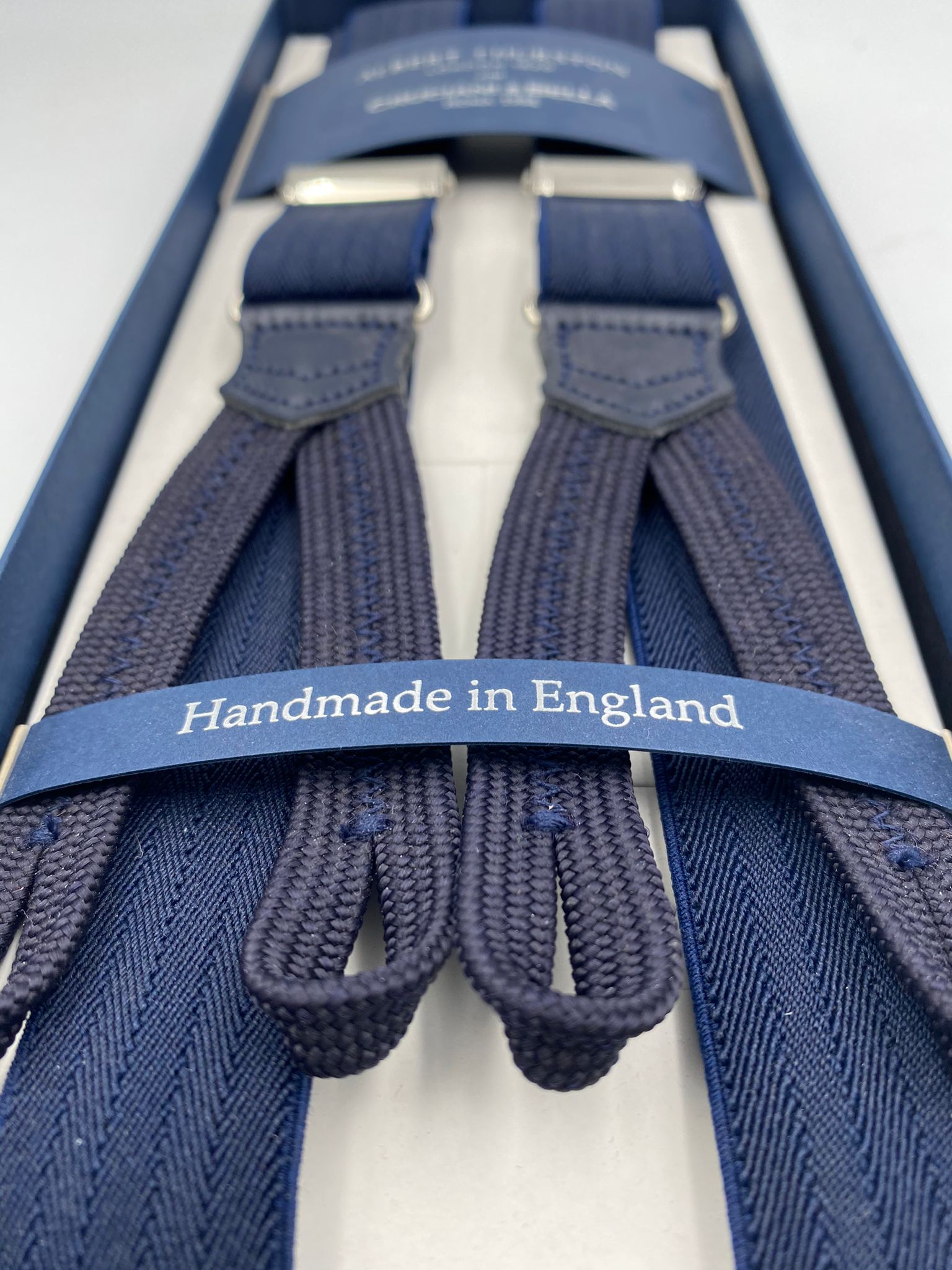 Albert Thurston for Cruciani & Bella Made in England Adjustable Sizing 25 mm elastic braces Dark Blue Herringbone Motif Braid ends Y-Shaped Nickel Fittings Size: L #4921