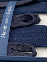Albert Thurston for Cruciani & Bella Made in England Adjustable Sizing 25 mm elastic braces Dark Blue Herringbone Motif Braid ends Y-Shaped Nickel Fittings Size: L #4921