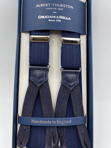 Albert Thurston for Cruciani & Bella Made in England Adjustable Sizing 25 mm elastic braces Dark Blue Herringbone Motif Braid ends Y-Shaped Nickel Fittings Size: L #4921
