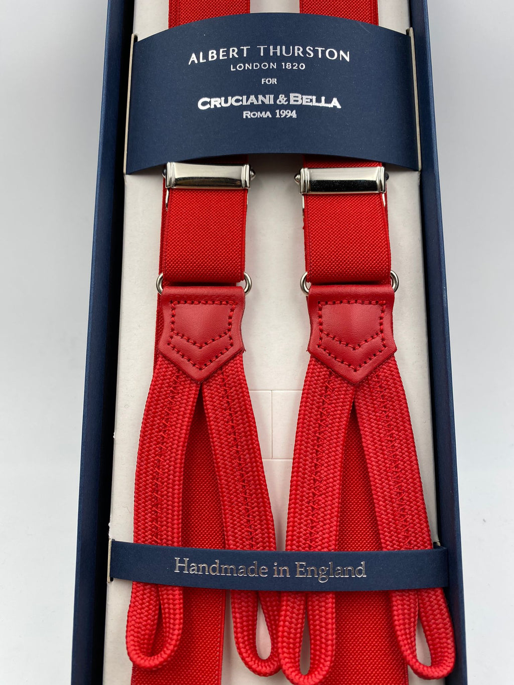 Albert Thurston for Cruciani & Bella Made in England Adjustable Sizing 25 mm elastic braces Red Plain Braid ends Y-Shaped Nickel Fittings Size: L #4911