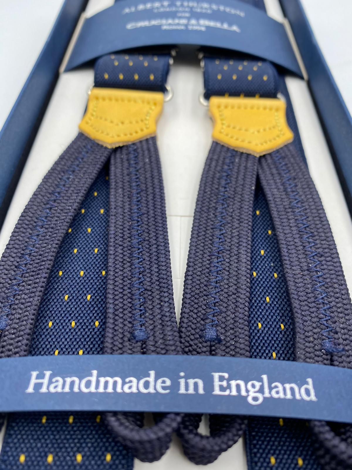 Albert Thurston for Cruciani & Bella Made in England Adjustable Sizing 25 mm elastic braces Blue and Yellow Dot Braid ends Y-Shaped Nickel Fittings Size: L #4899