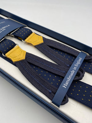 Albert Thurston for Cruciani & Bella Made in England Adjustable Sizing 25 mm elastic braces Blue and Yellow Dot Braid ends Y-Shaped Nickel Fittings Size: L #4899