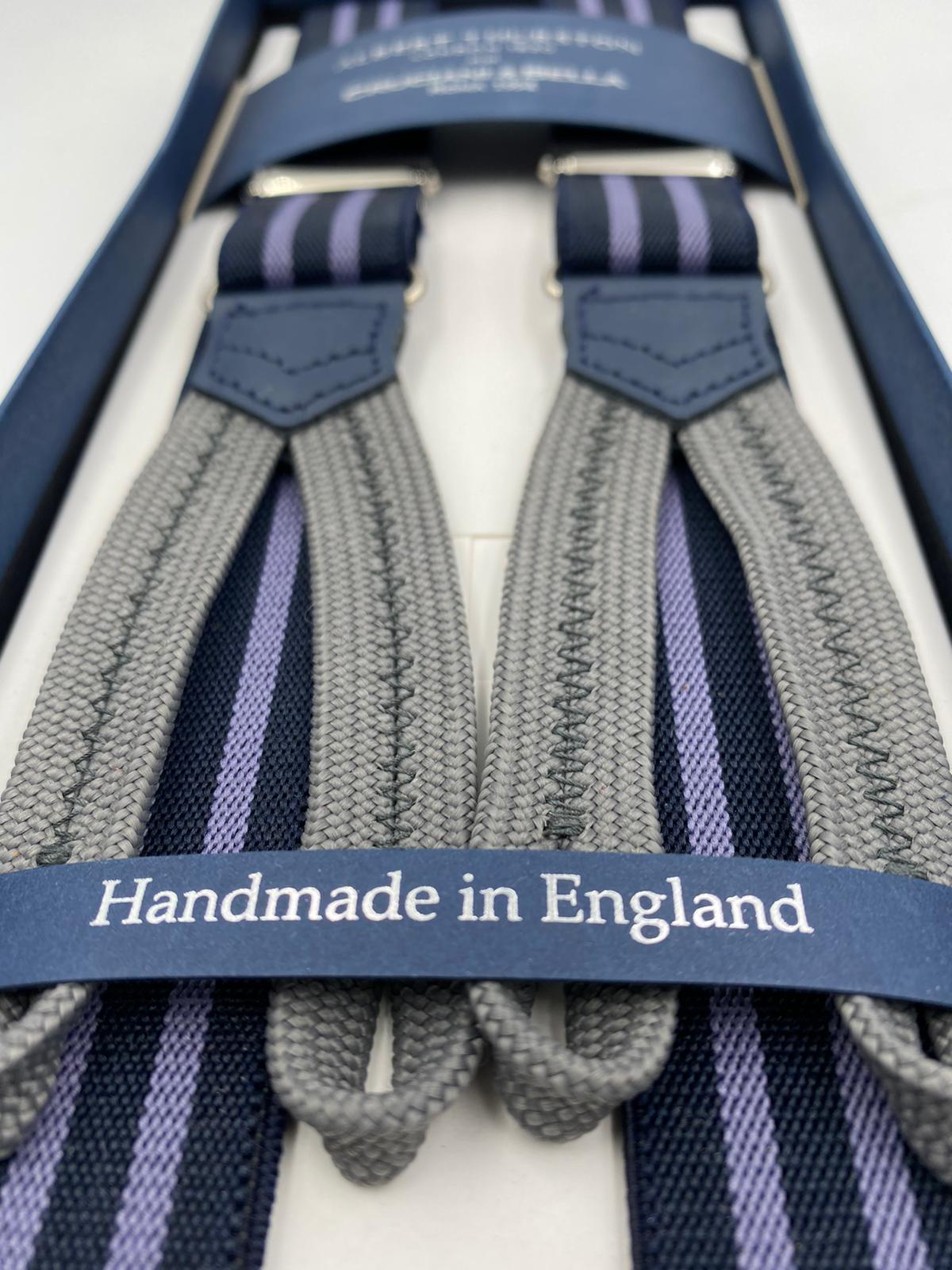 Albert Thurston for Cruciani & Bella Made in England Adjustable Sizing 25 mm elastic braces Blue and Purple Stripes Braid ends Y-Shaped Nickel Fittings Size: L #4261