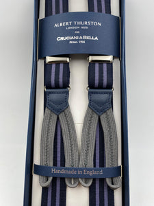 Albert Thurston for Cruciani & Bella Made in England Adjustable Sizing 25 mm elastic braces Blue and Purple Stripes Braid ends Y-Shaped Nickel Fittings Size: L #4261