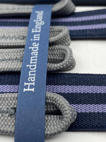 Albert Thurston for Cruciani & Bella Made in England Adjustable Sizing 25 mm elastic braces Blue and Purple Stripes Braid ends Y-Shaped Nickel Fittings Size: L #4261