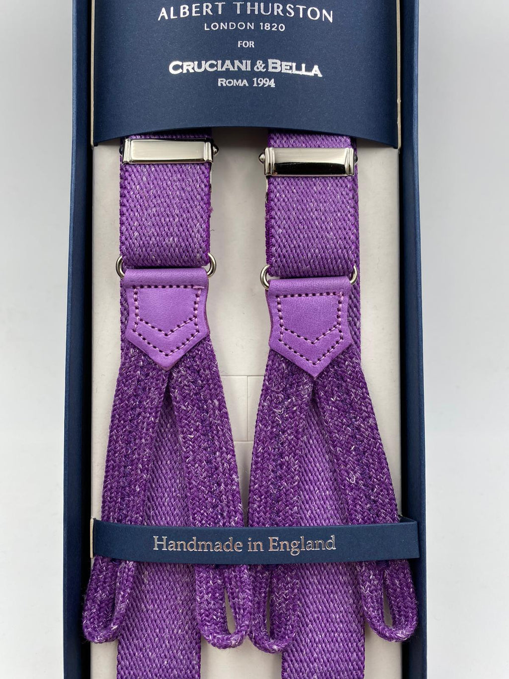 Albert Thurston for Cruciani & Bella Made in England Adjustable Sizing 25 mm elastic braces Purple Plain Braid ends Y-Shaped Nickel Fittings Size: L #4897