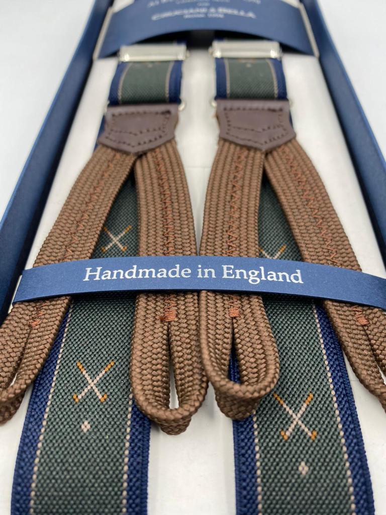 Albert Thurston for Cruciani & Bella Made in England Adjustable Sizing 25 mm elastic braces Green and Blue Golf Motif Braid ends Y-Shaped Nickel Fittings Size: L #4888