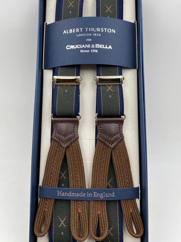 Albert Thurston for Cruciani & Bella Made in England Adjustable Sizing 25 mm elastic braces Green and Blue Golf Motif Braid ends Y-Shaped Nickel Fittings Size: L #4888