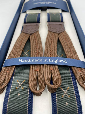 Albert Thurston for Cruciani & Bella Made in England Adjustable Sizing 25 mm elastic braces Green and Blue Golf Motif Braid ends Y-Shaped Nickel Fittings Size: L #4888