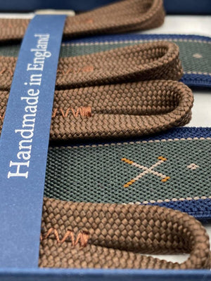 Albert Thurston for Cruciani & Bella Made in England Adjustable Sizing 25 mm elastic braces Green and Blue Golf Motif Braid ends Y-Shaped Nickel Fittings Size: L #4888