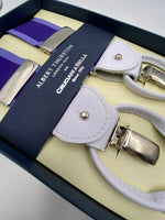 Albert Thurston for Cruciani & Bella Made in England Adjustable Sizing 40 mm Woven Barathea  Purple Stripes Braces 2 in 1 Y-Shaped Nickel Fittings Size: L