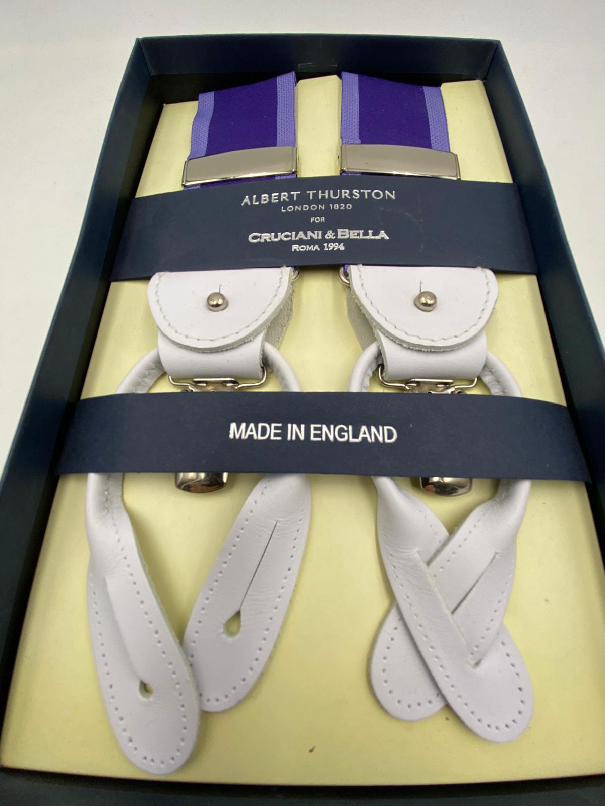 Albert Thurston for Cruciani & Bella Made in England Adjustable Sizing 40 mm Woven Barathea  Purple Stripes Braces 2 in 1 Y-Shaped Nickel Fittings Size: L
